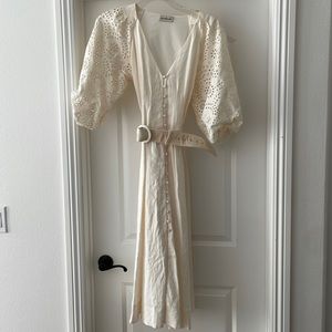 100% linen Nicholas belted eyelit maxi dress